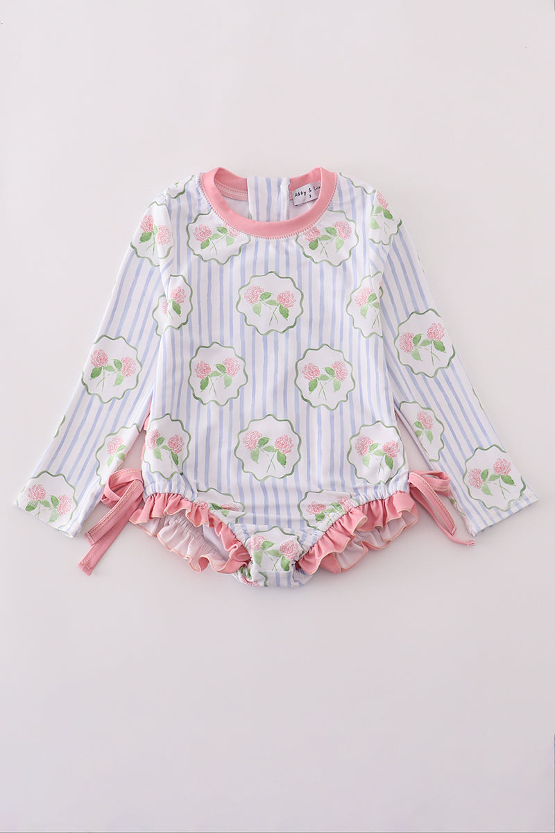 Floral stripe long sleeve swimsuit UPF50+