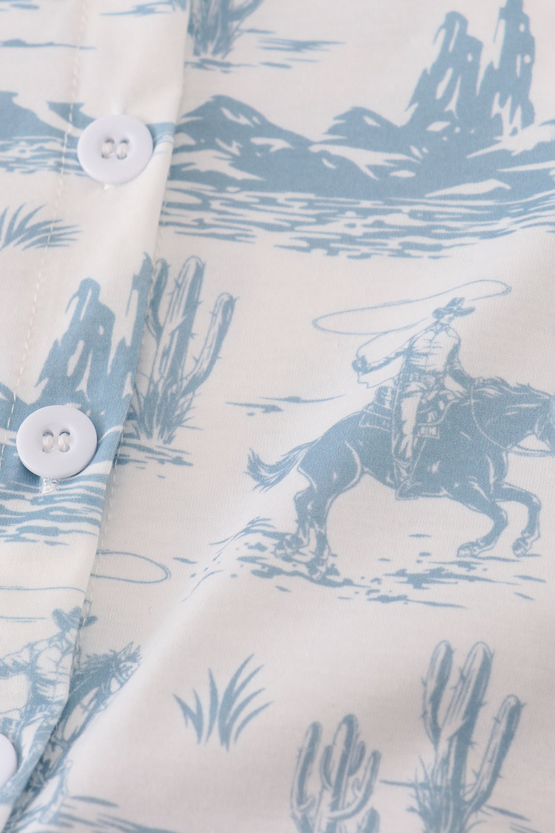 Blue cowboy print button down shirt