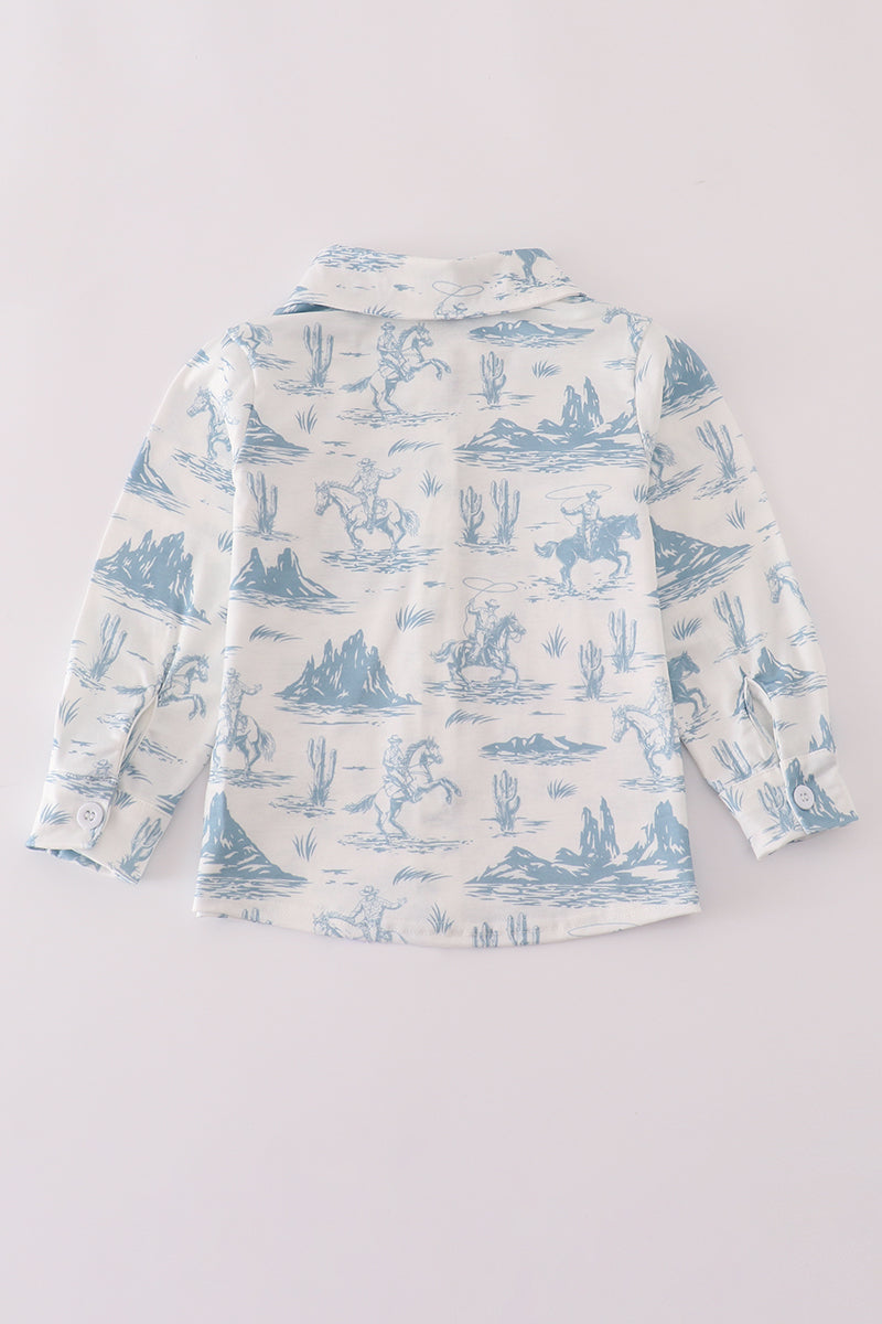 Blue cowboy print button down shirt