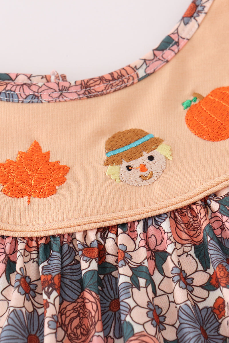 Fall floral print pumpkin embroidery pants set
