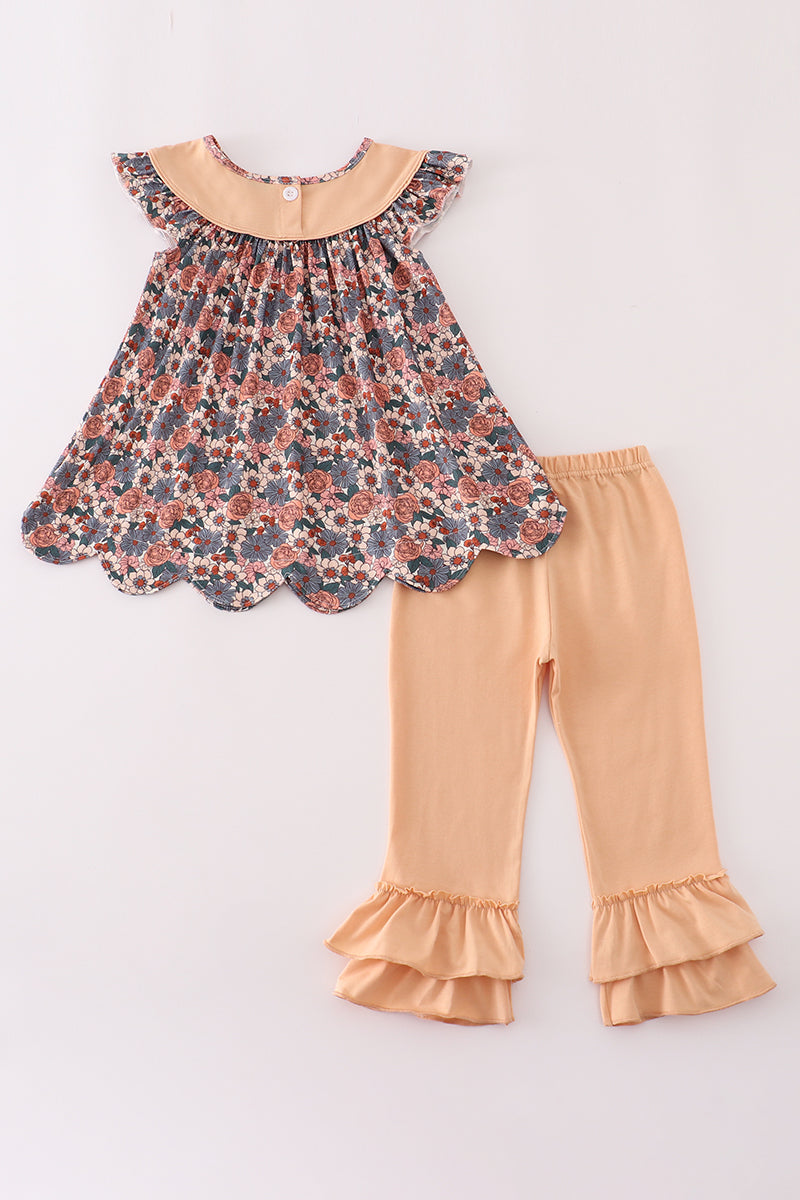 Fall floral print pumpkin embroidery pants set