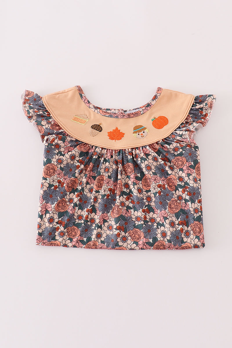 Fall floral print pumpkin embroidery pants set