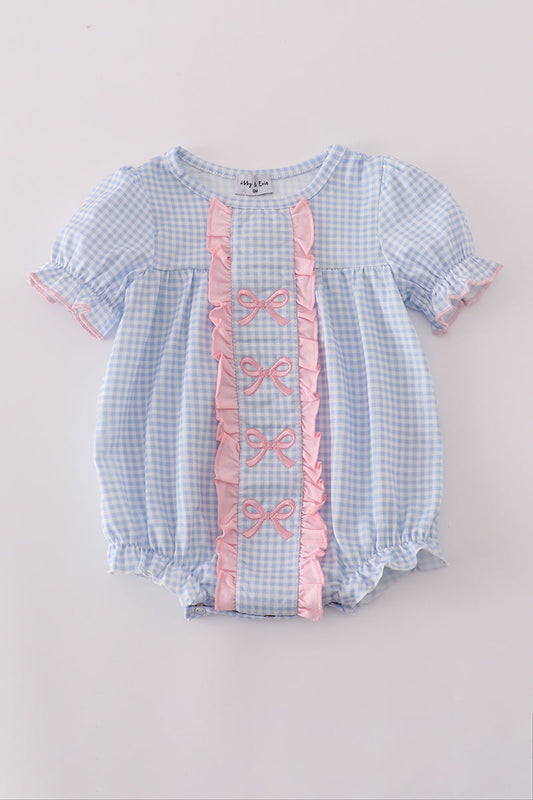 Blue bow embroidery gingham ruffle bubble