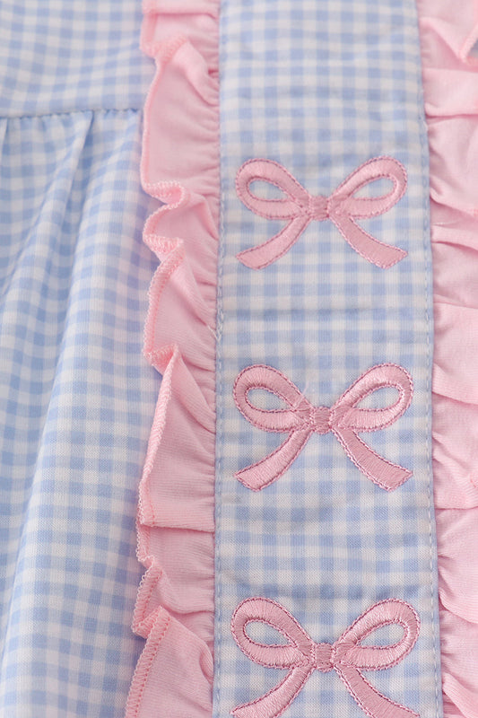 Blue bow embroidery gingham ruffle bubble