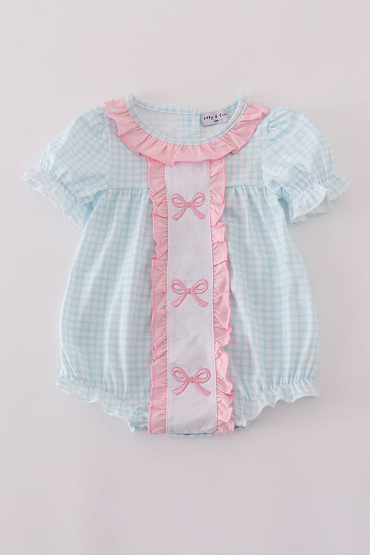 Blue bow embroidery gingham ruffle bubble
