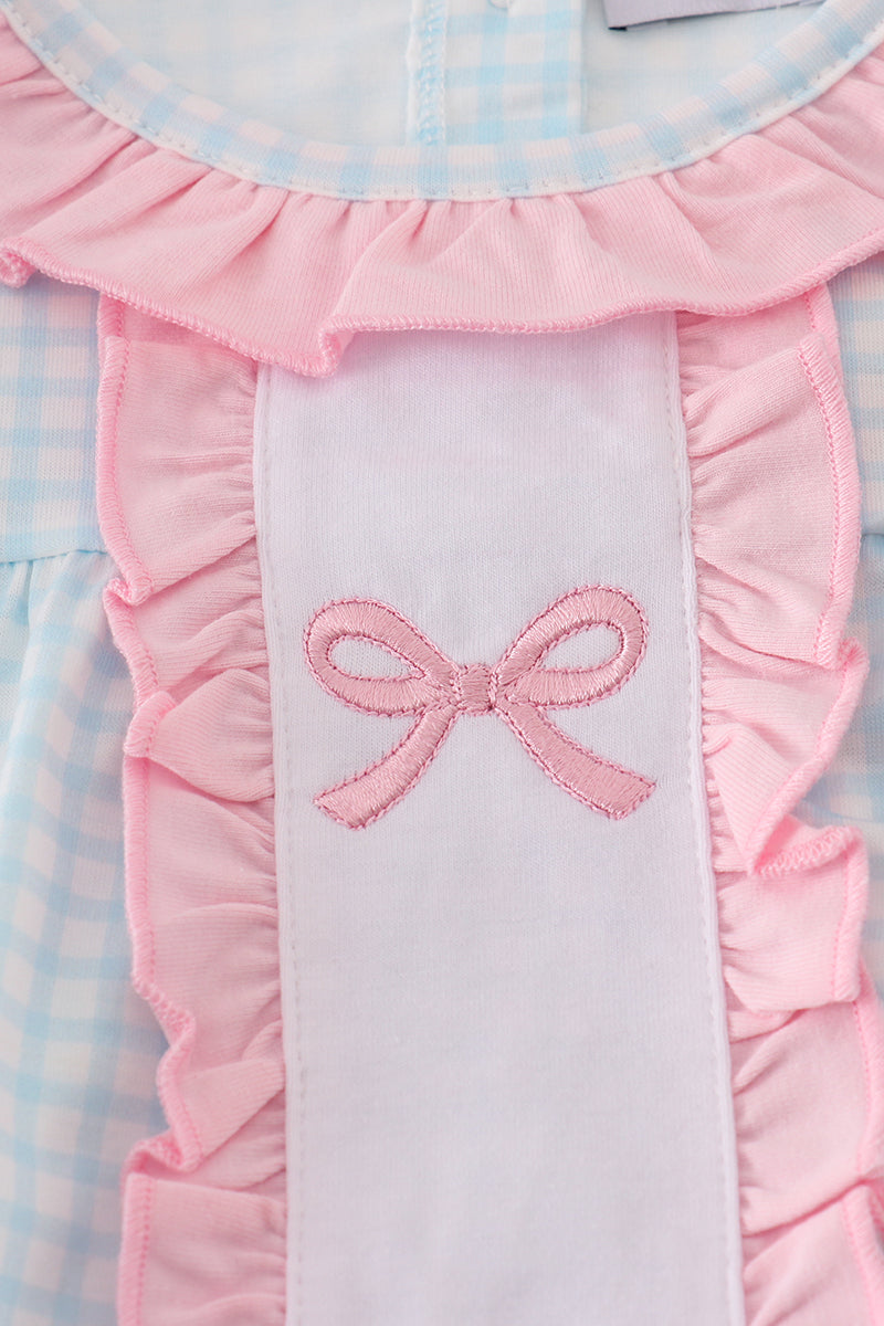 Blue bow embroidery gingham ruffle bubble