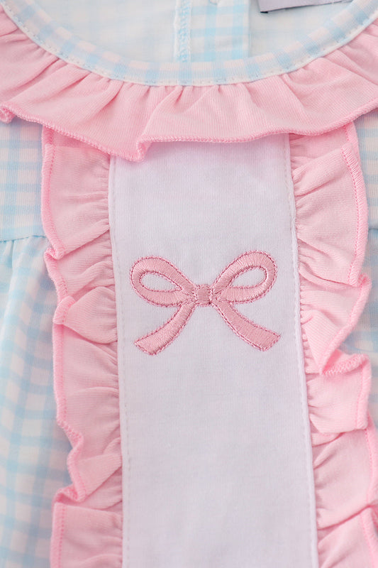 Blue bow embroidery gingham ruffle bubble