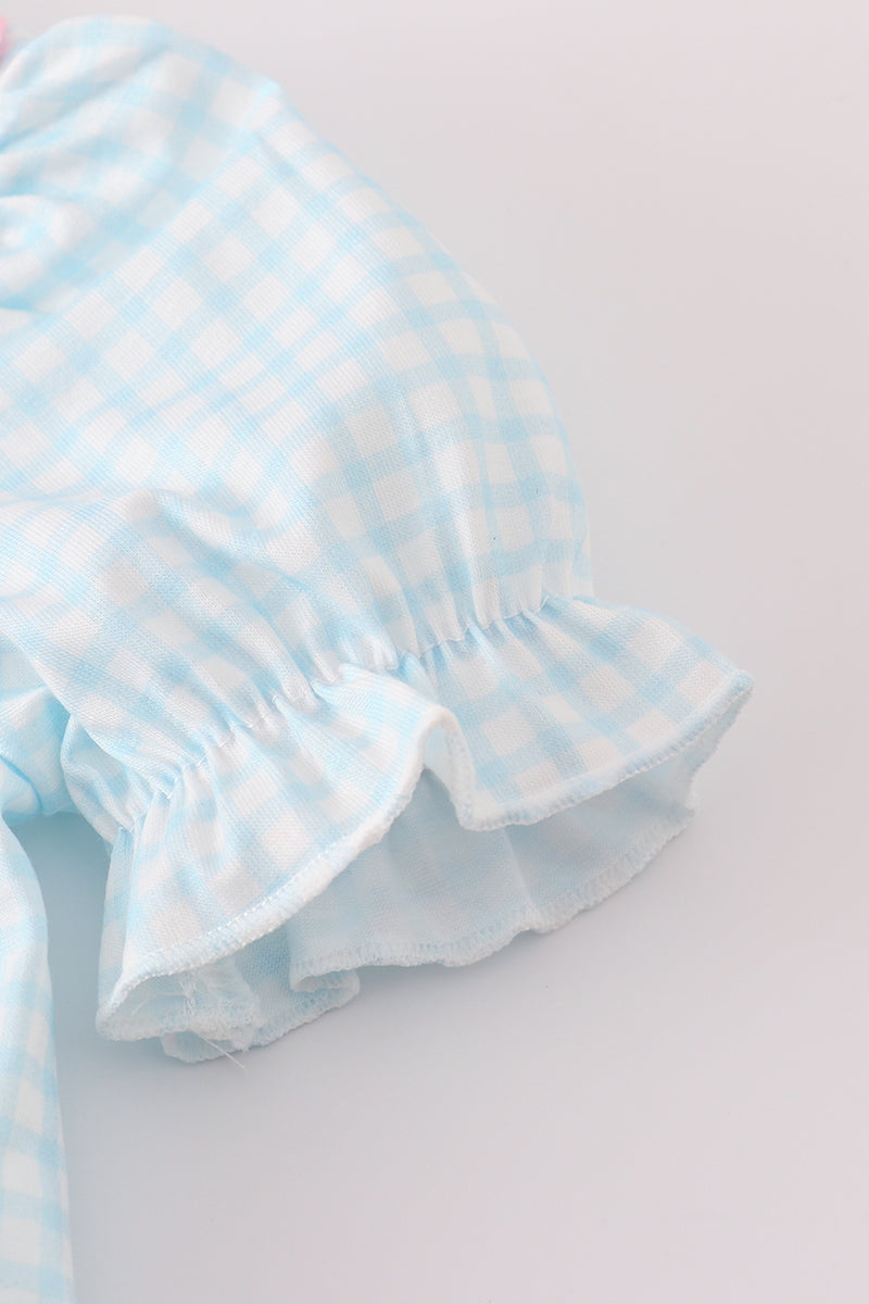 Blue bow embroidery gingham ruffle bubble