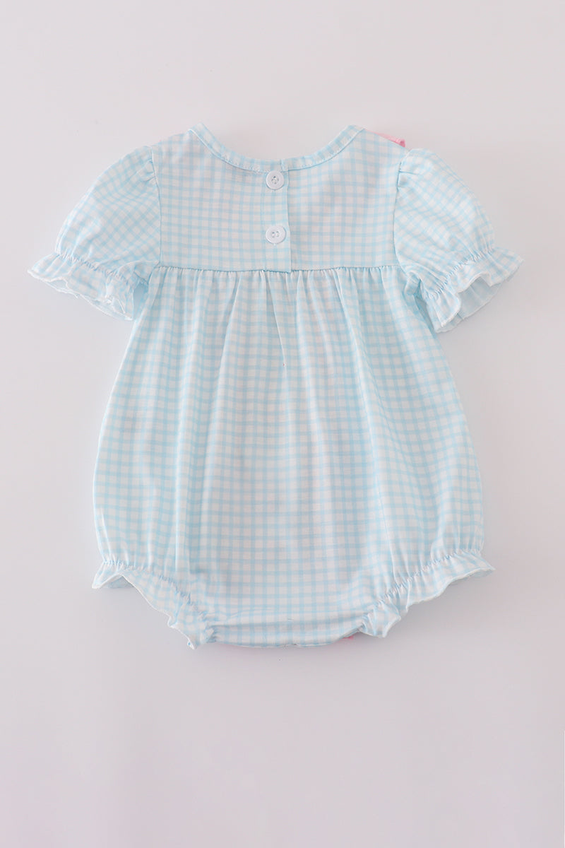Blue bow embroidery gingham ruffle bubble