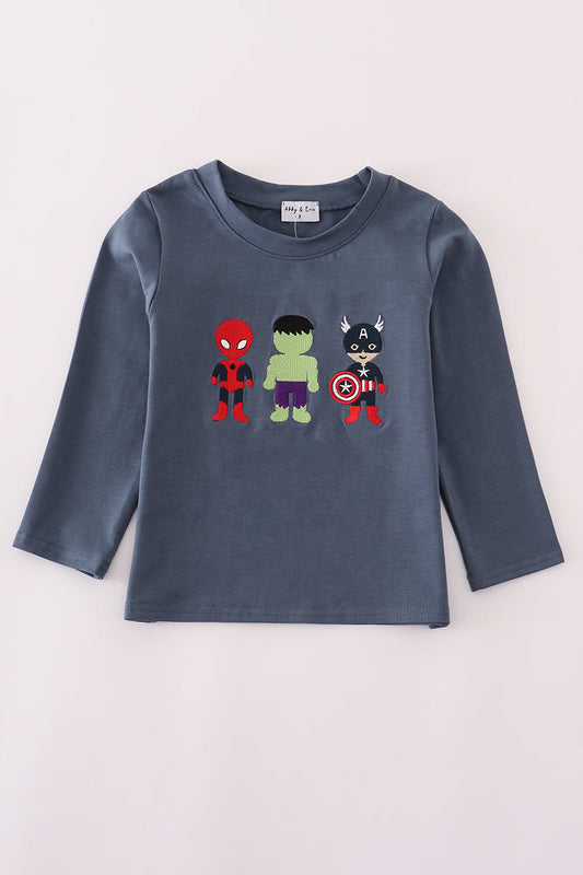 Navy character embroidery top