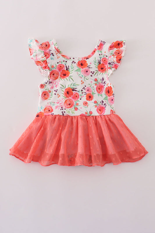 Coral floral print swiss dot leotard