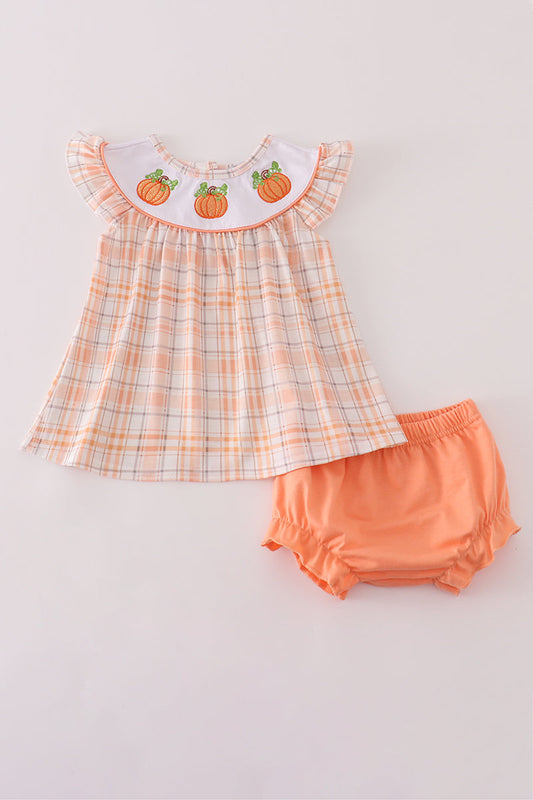 Orange pumpkin embroidery plaid bloomer set