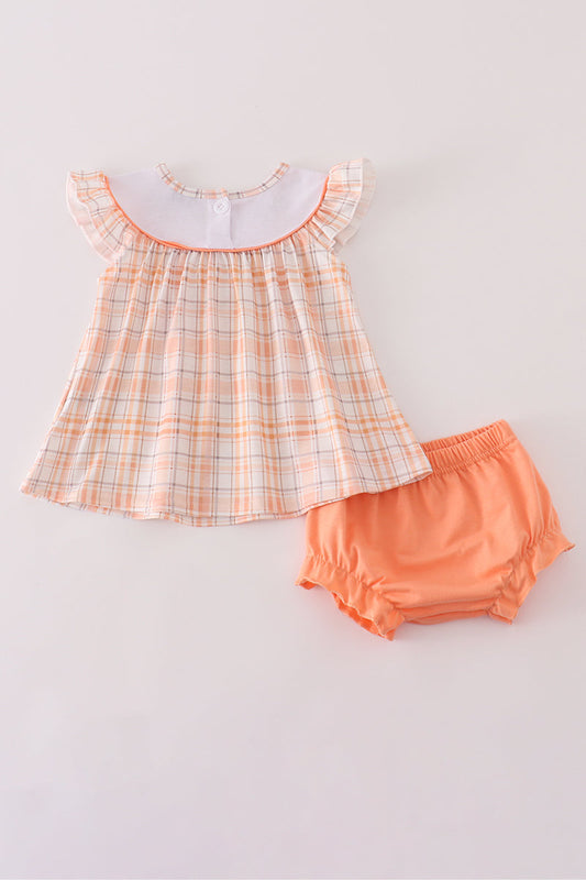 Orange pumpkin embroidery plaid bloomer set