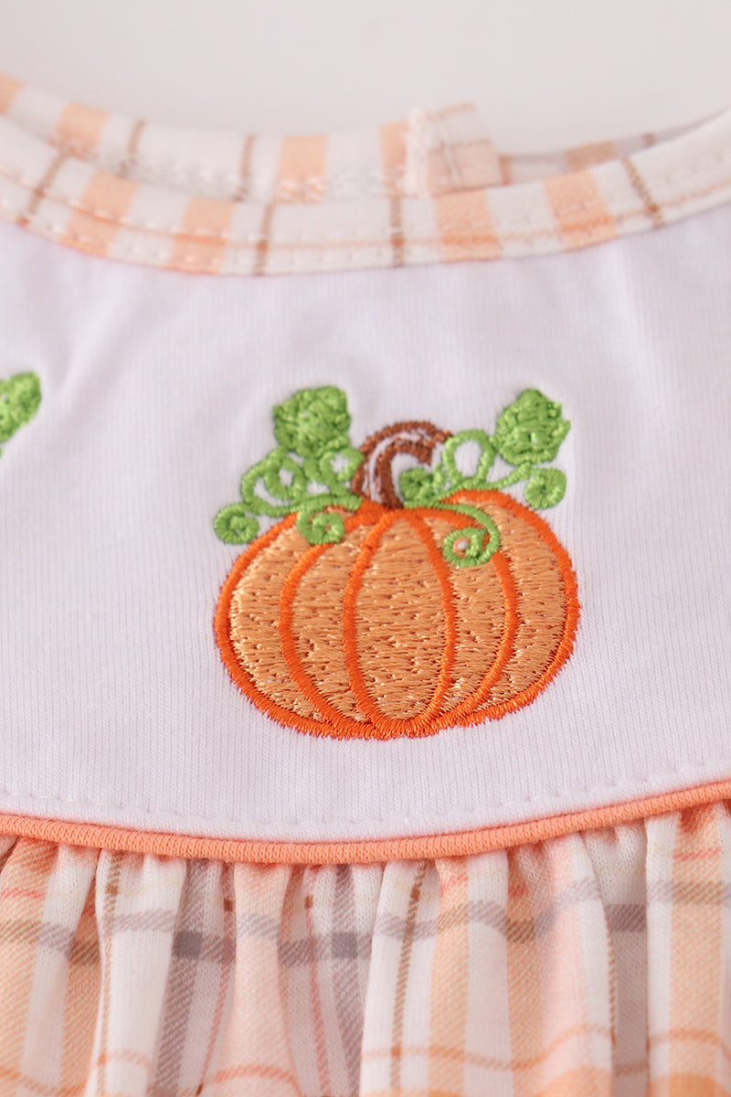 Orange pumpkin embroidery plaid bloomer set