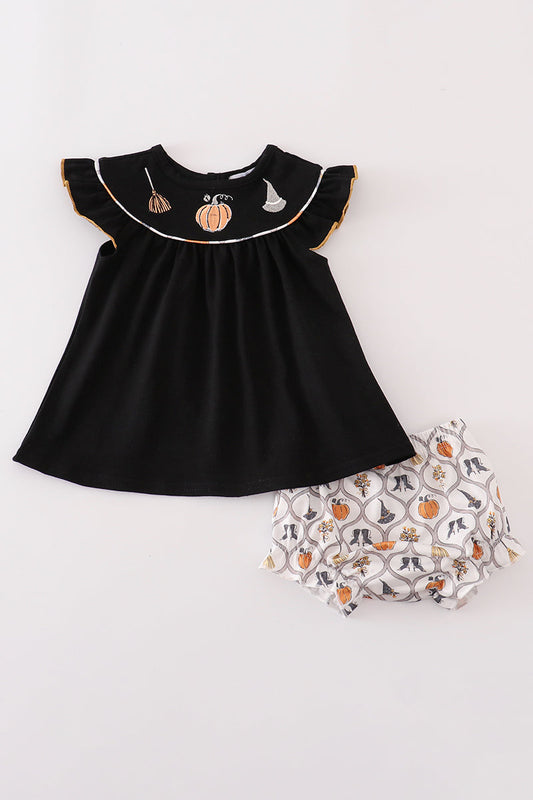 Black witch pumpkin embroidery bloomer set