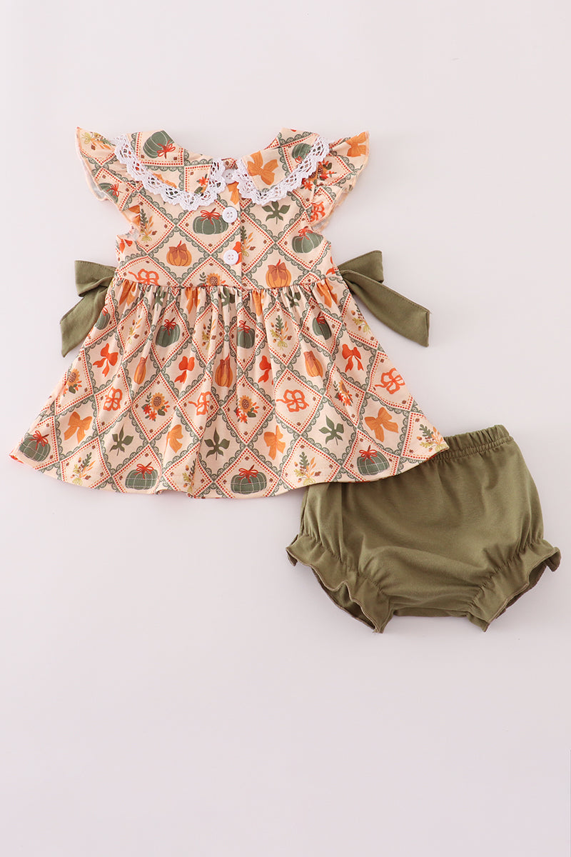 Green pumpkin bow print bloomer set