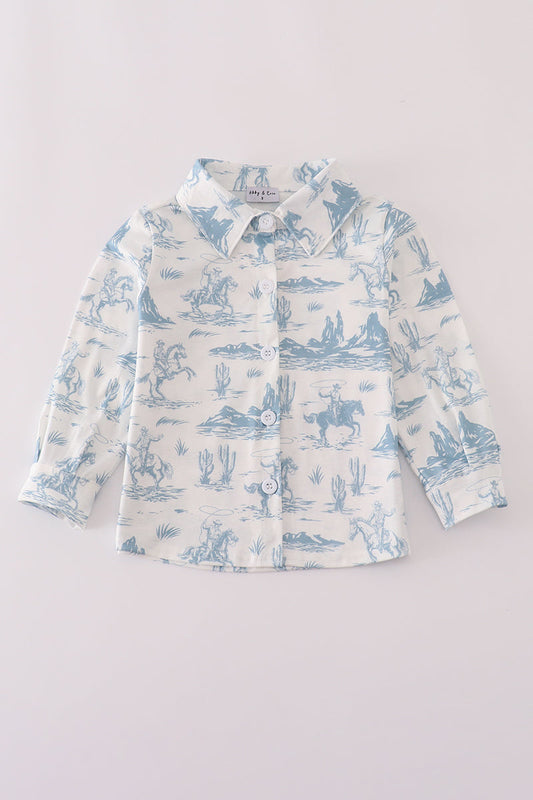 Blue cowboy print button down shirt