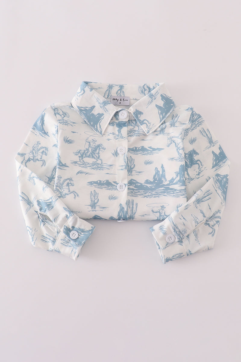 Blue cowboy print button down shirt