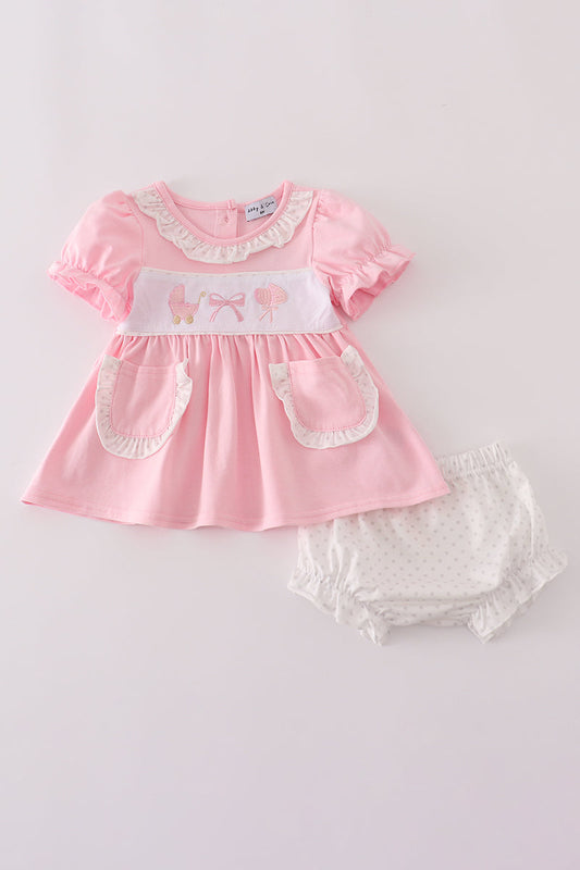 Pink bow embroidery bloomer set