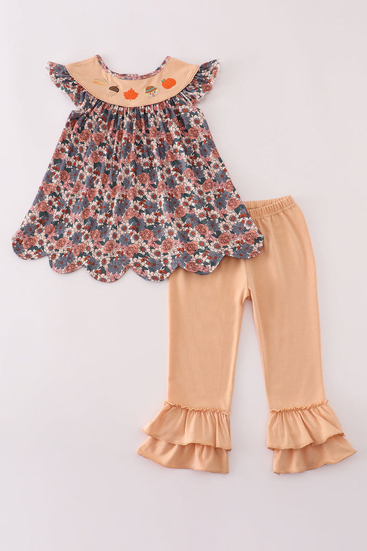 Fall floral print pumpkin embroidery pants set