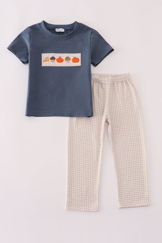 Navy pumpkin embroidery pants set
