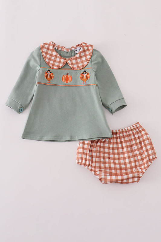 Sage turkey pumpkin embroidery bloomer set
