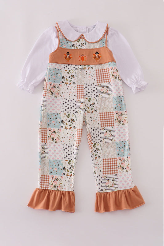 Fall floral print turkey pumpkin embroidery 2pc set