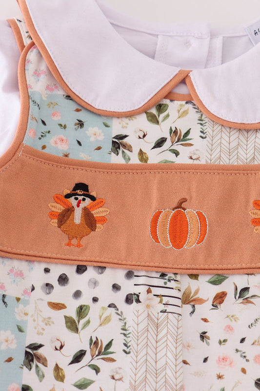 Fall floral print turkey pumpkin embroidery 2pc set